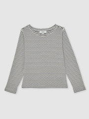 Children & Baby 3-9 yrs Cotton Pointelle Long Sleeve Top in Navy/White