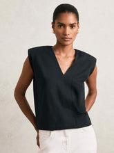 Women Cotton Shoulder-Pad V-Neck Top in Navy