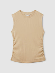 Women Fine-Rib Ruched Vest Top in Camel