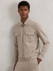 Men Interlock Jersey Zip-Through Jacket in Taupe Brown