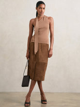 Women Suede Straight-Fit Midi Skirt in Tan Brown