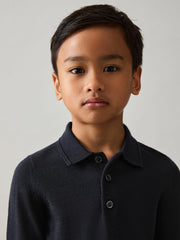 Children & Baby 9-13 yrs Merino Wool Long-Sleeve Polo Shirt in Navy