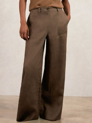 Women Petite Linen Wide Leg Trousers in Chocolate Brown