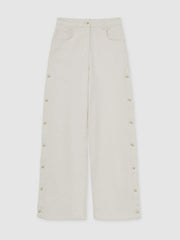 Women Petite Side Button Wide Leg Jeans in Cream