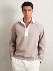 Men Colour Block Rugby Shirt in Oatmeal/White
