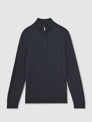 Men Merino Wool Wide-Rib Half-Zip Jumper in Airforce Blue