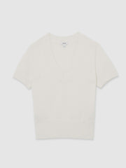 Women Cotton-Wool Knit V-Neck Top in Ivory