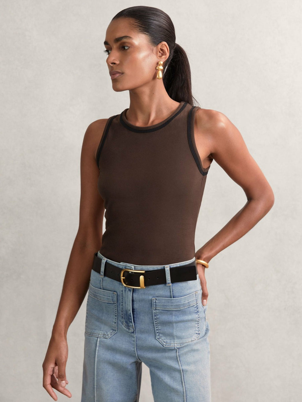 Women Stretch-Cotton Jersey Tipped Vest in Chocolate Brown/Black
