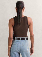 Women Stretch-Cotton Jersey Tipped Vest in Chocolate Brown/Black