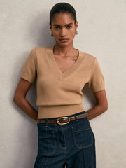 Women Cotton-Wool Knit V-Neck Top in Camel