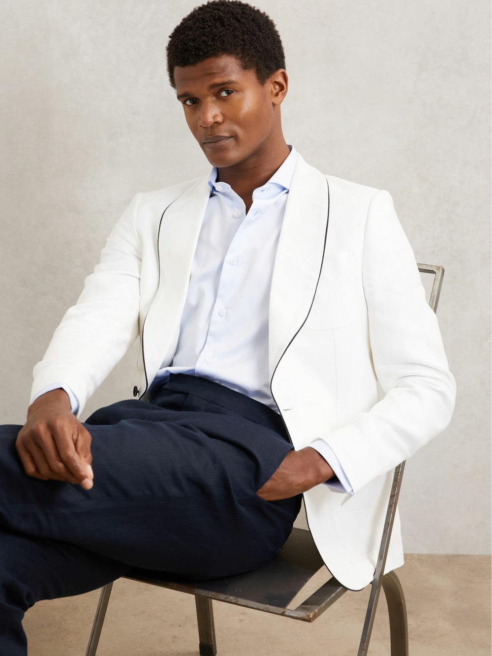 Men Single-Breasted Blazer with Linen in Ivory White
