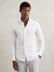 Men Cotton-Blend Jersey Cutaway-Collar Shirt in White