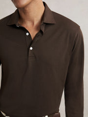 Men Cotton-Jersey Long Sleeve Polo Shirt in Brown