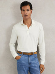 Men Cotton-Jersey Long Sleeve Polo Shirt in White