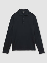 Men Cotton-Jersey Long Sleeve Polo Shirt in Navy