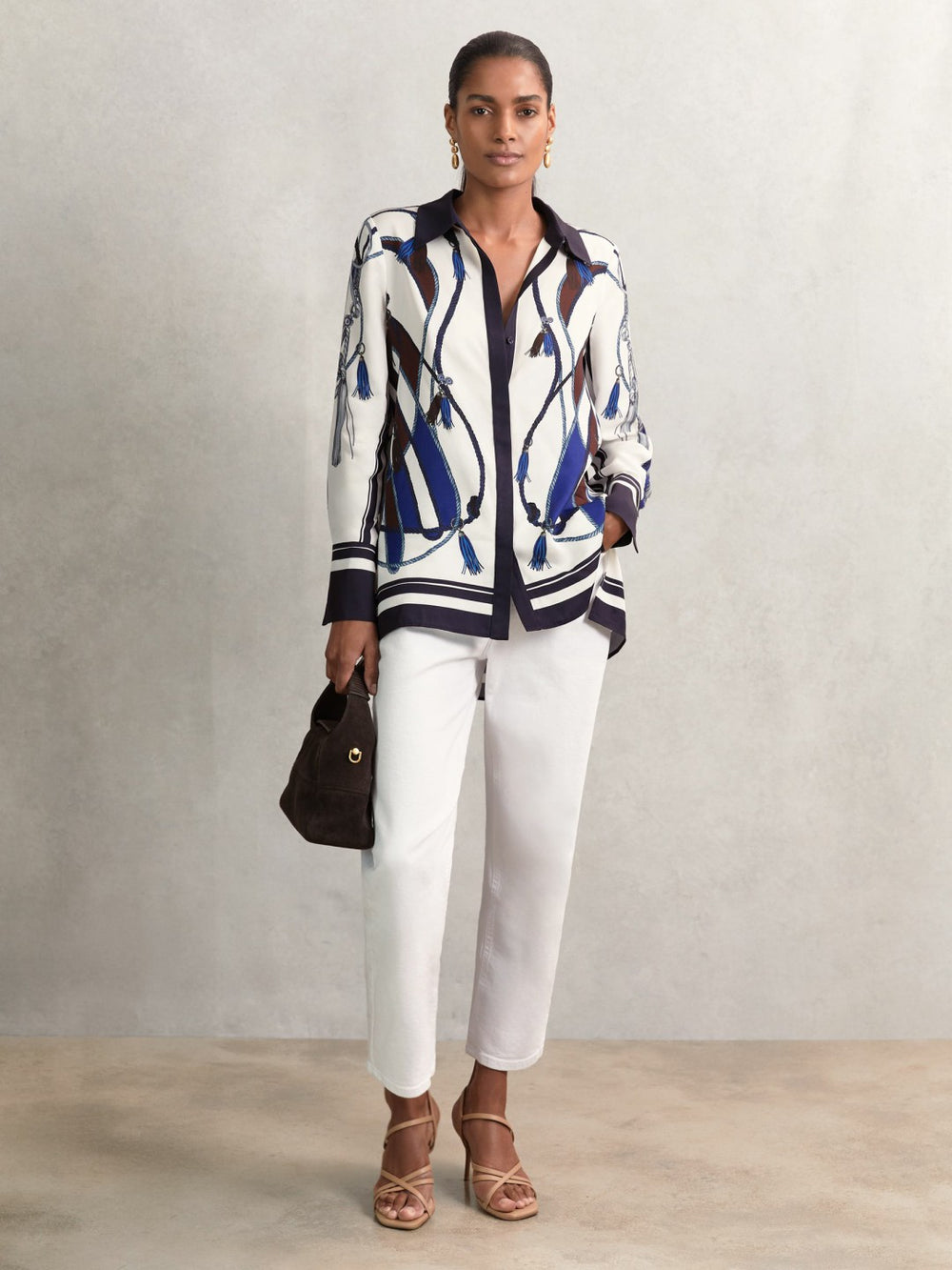Women Scarf Print Colourblock Shirt in Navy