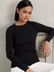 Women Cotton Long-Sleeve Ruched T-Shirt with Stretch in Black