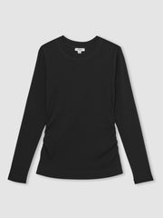 Women Cotton Long-Sleeve Ruched T-Shirt with Stretch in Black