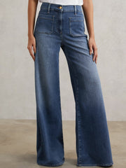 Women Petite Patch Pocket Wide Leg Jeans in Mid Blue