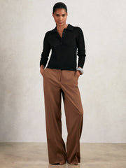 Women Open-Knit Long-Sleeve Polo Top in Black