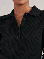 Women Open-Knit Long-Sleeve Polo Top in Black