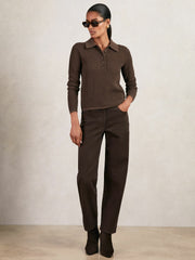 Women Open-Knit Long-Sleeve Polo Top in Chocolate Brown