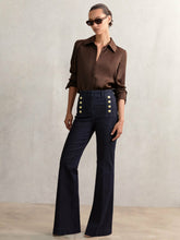 Women Petite Button-Detail High-Rise Flared Jeans in Dark Blue