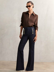 Women Petite Button-Detail High-Rise Flared Jeans in Dark Blue
