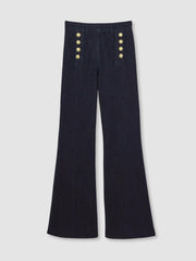 Women Petite Button-Detail High-Rise Flared Jeans in Dark Blue
