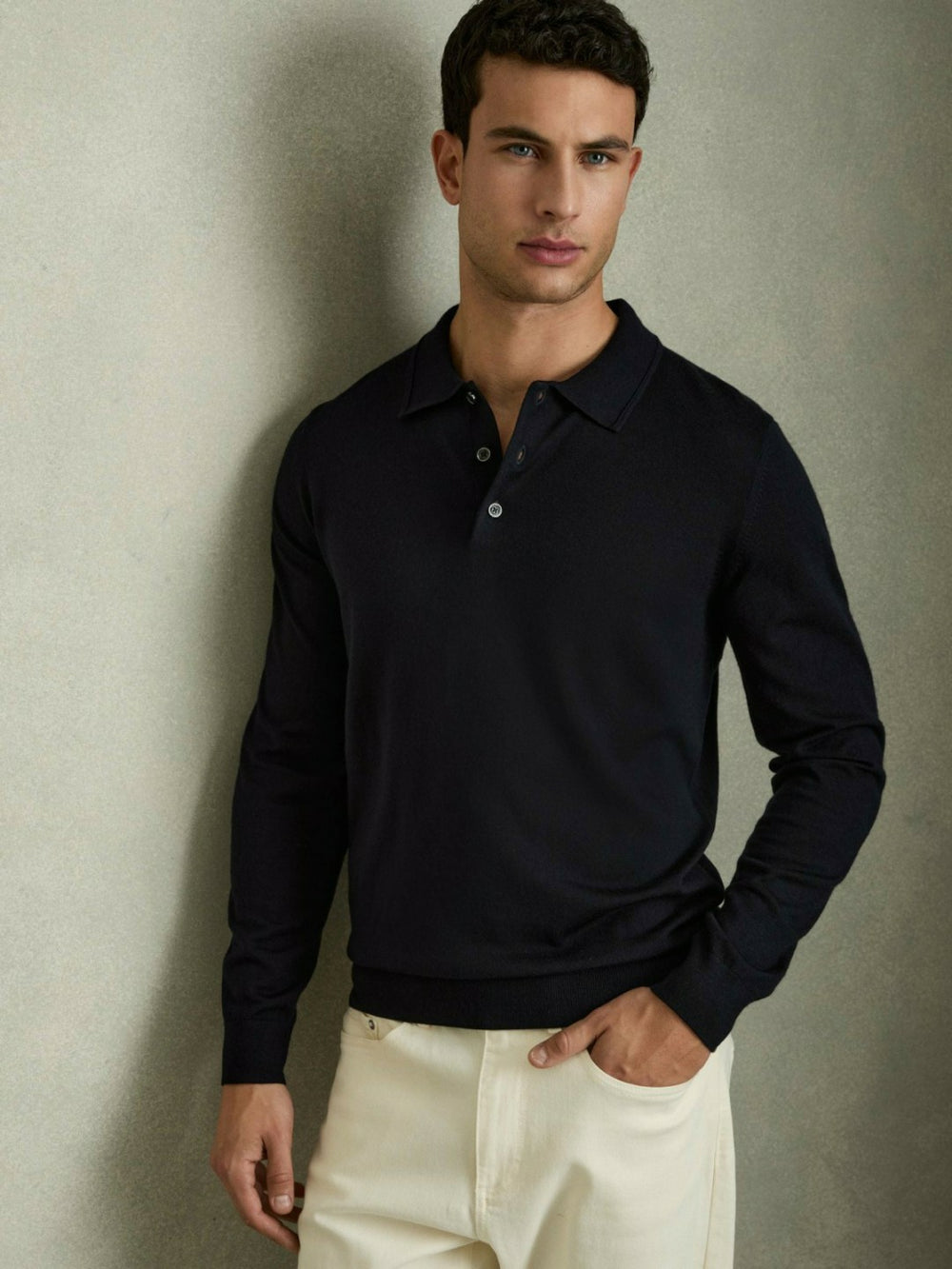 Men Merino Wool Polo Shirt in Navy