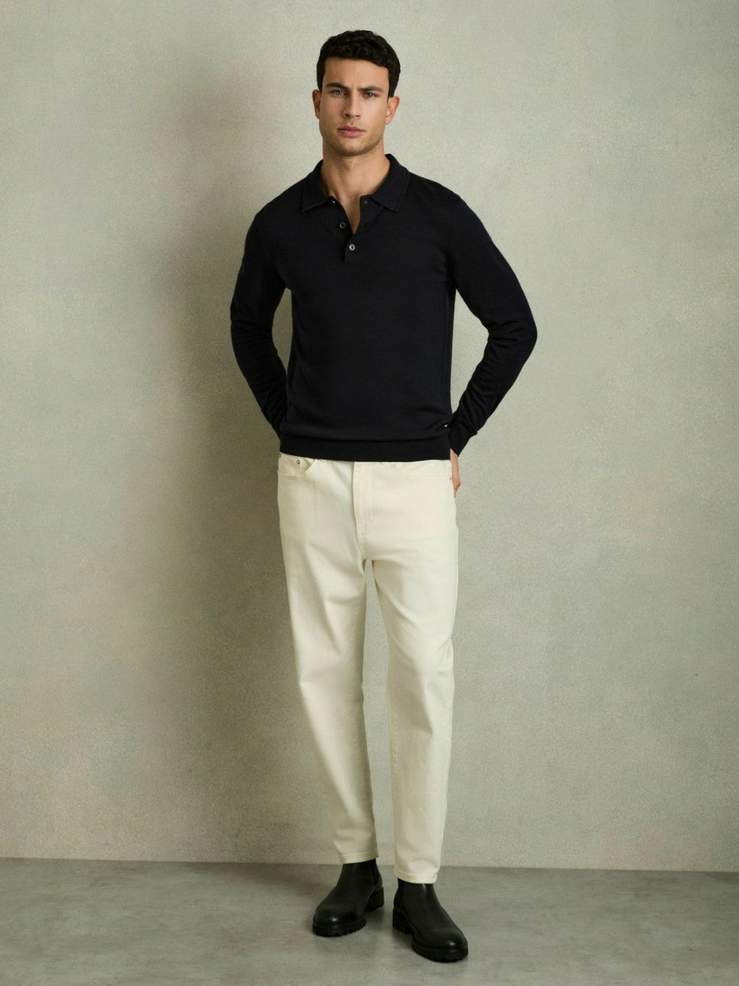 Men Merino Wool Polo Shirt in Navy