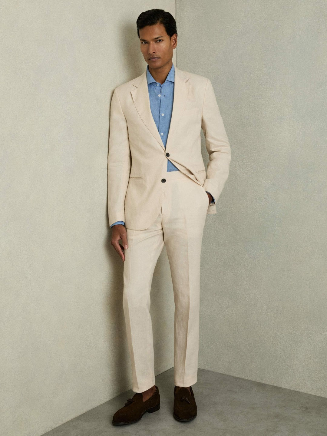Men Slim-Fit Single Breasted Linen Blazer in Stone