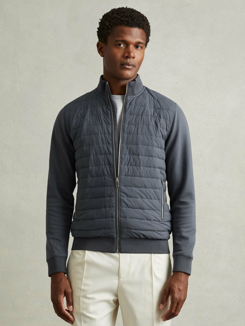 Men Hybrid Quilt and Knit Zip-Through Jacket in Airforce Blue