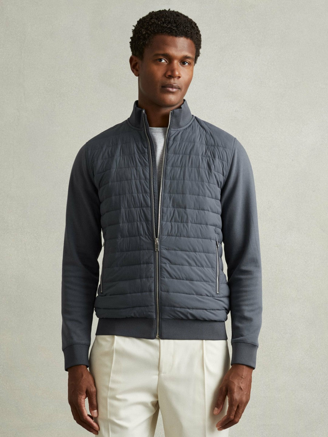 Men Hybrid Quilt and Knit Zip-Through Jacket in Airforce Blue