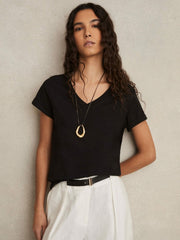 Women Cotton-Jersey V-Neck T-Shirt in Black