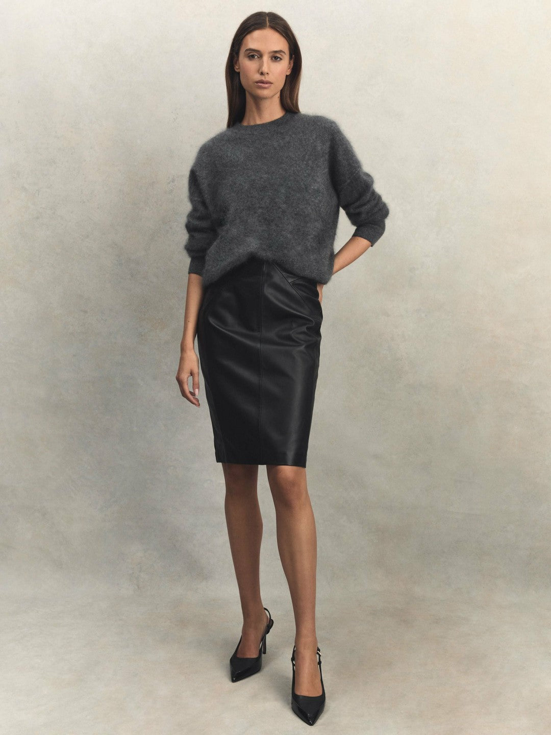 Women Leather High Rise Midi Skirt in Black