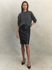 Women Leather High Rise Midi Skirt in Black