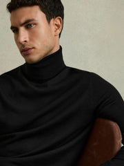 Men Slim Fit Merino Wool Roll Neck Jumper in Black