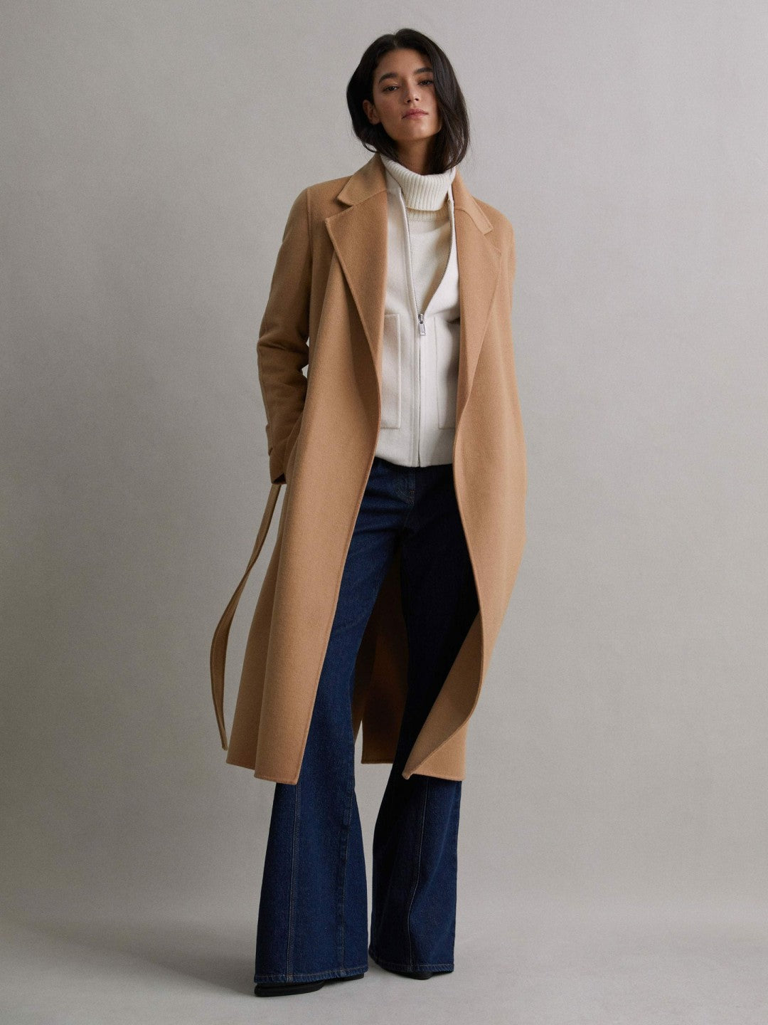 Women Wool Blend Belted Blindseam Coat in Camel