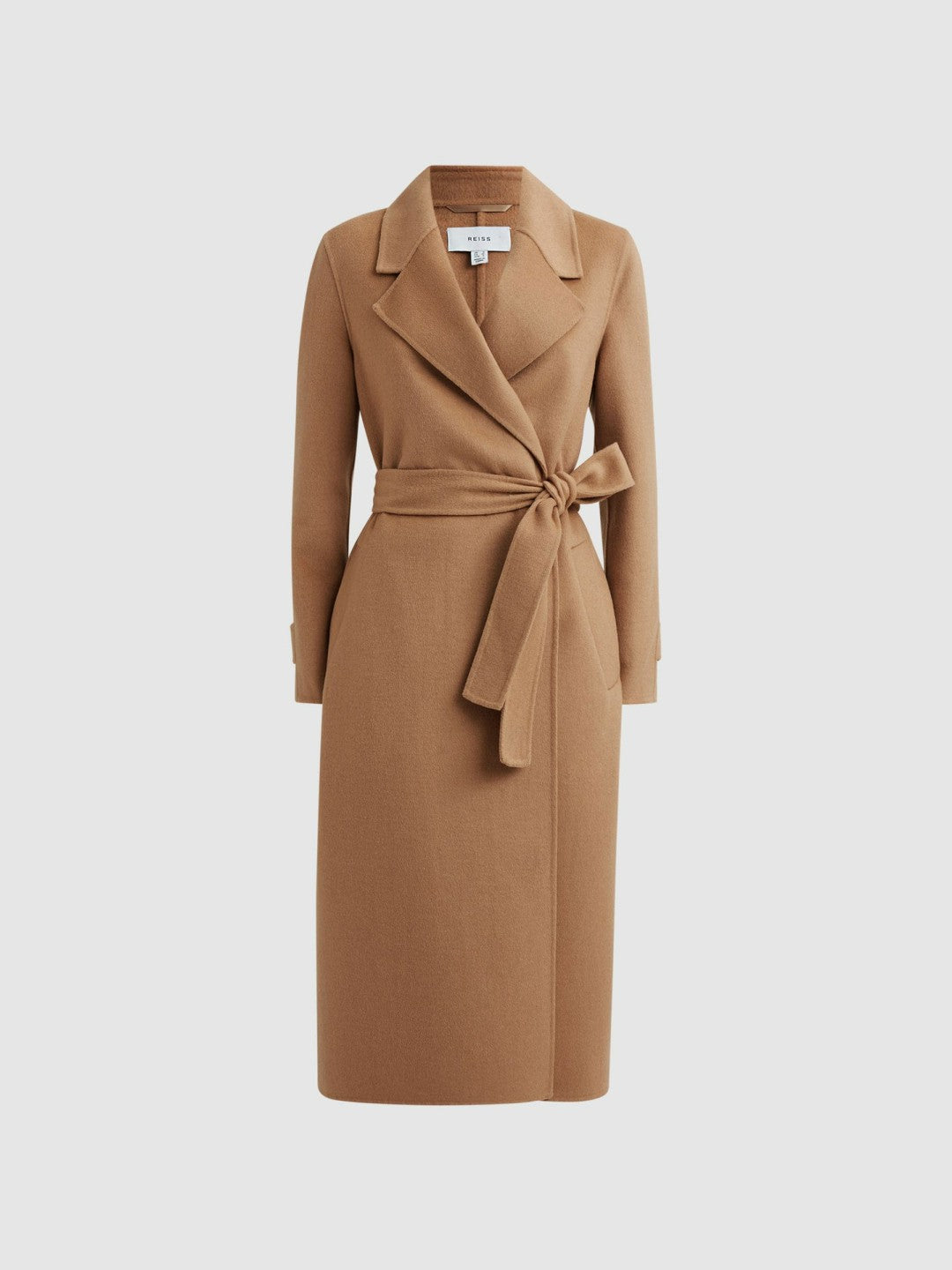 Women Wool Blend Belted Blindseam Coat in Camel