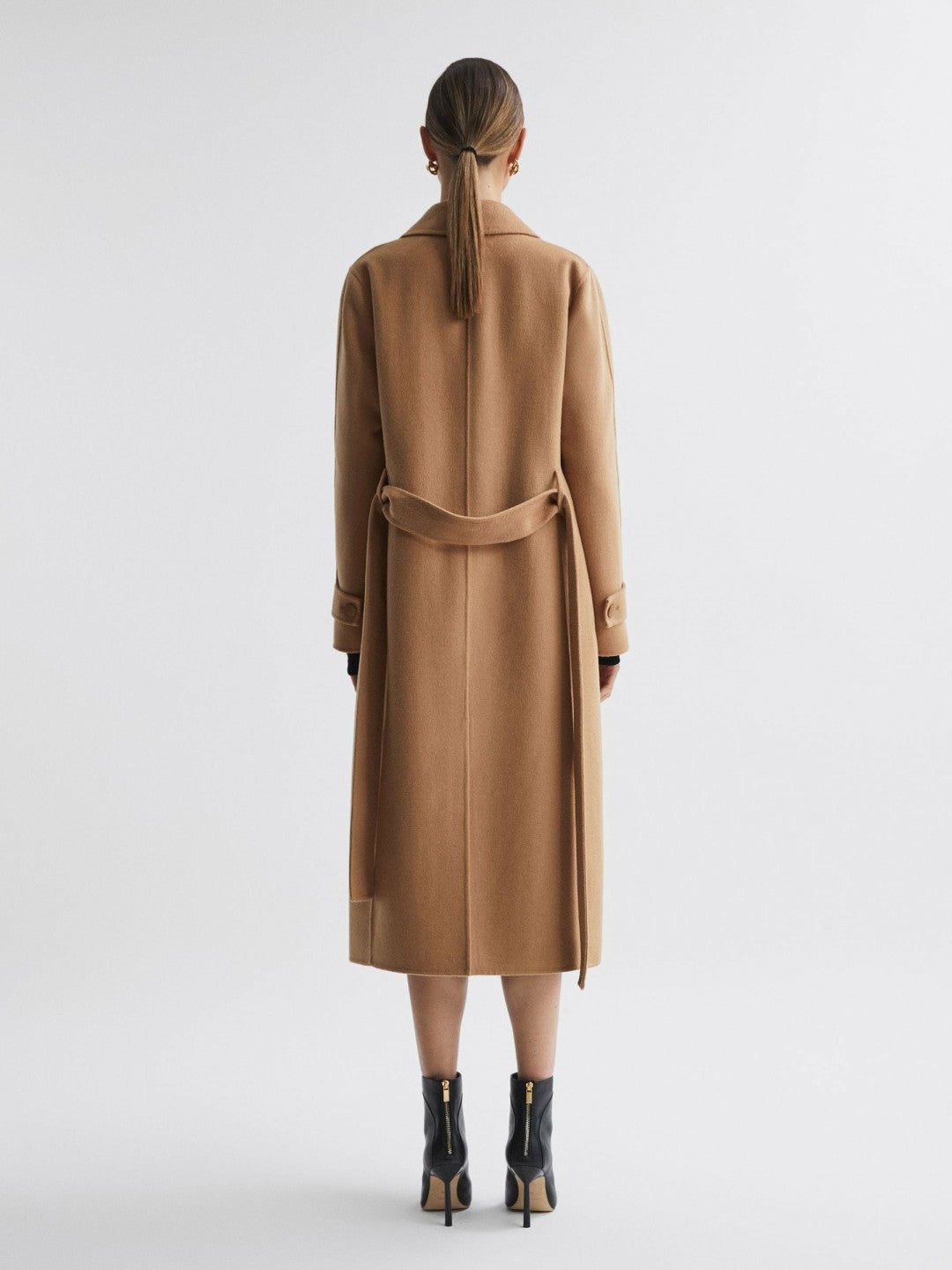 Women Wool Blend Belted Blindseam Coat in Camel