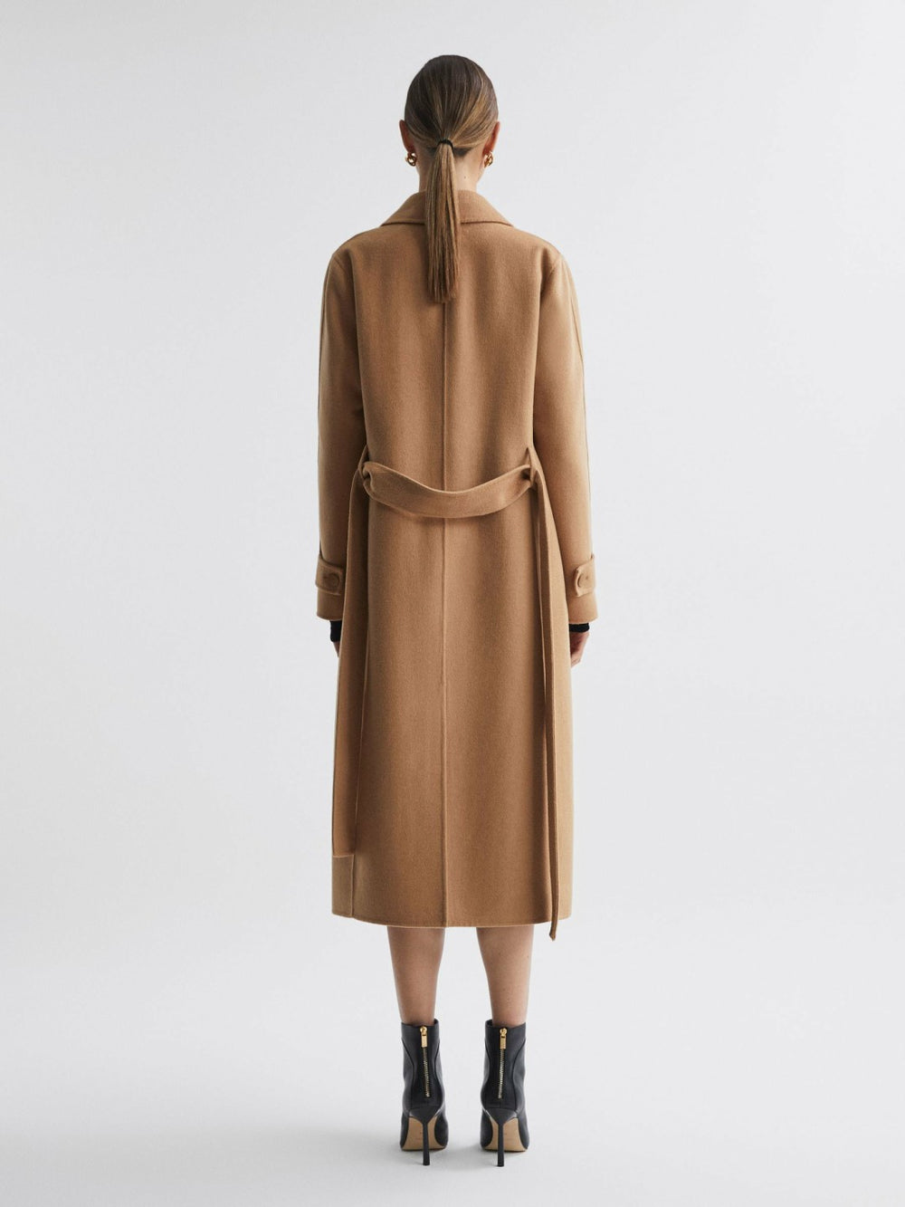 Women Wool Blend Belted Blindseam Coat in Camel