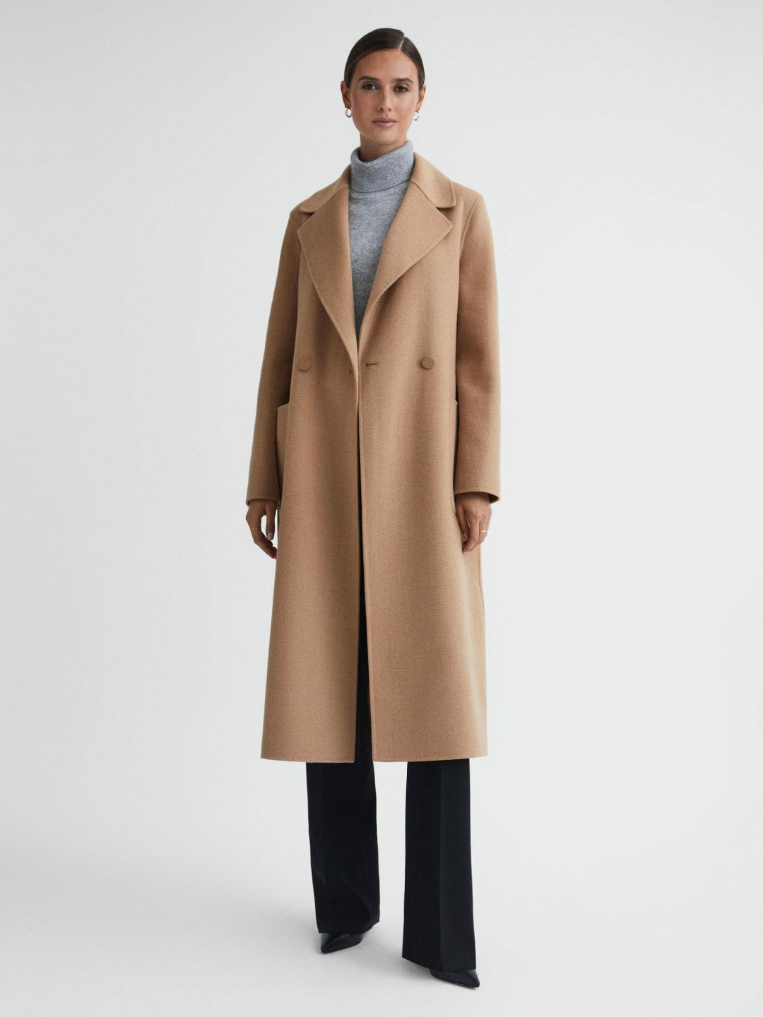 Women Long Wool Blend Blindseam Coat in Camel