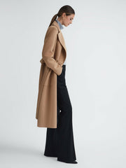 Women Long Wool Blend Blindseam Coat in Camel