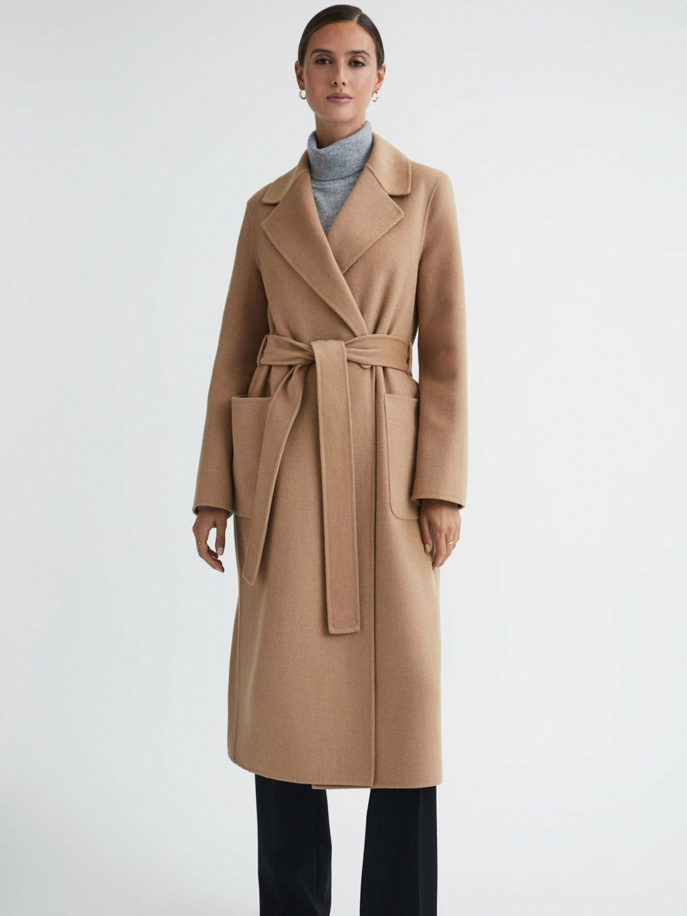 Women Long Wool Blend Blindseam Coat in Camel