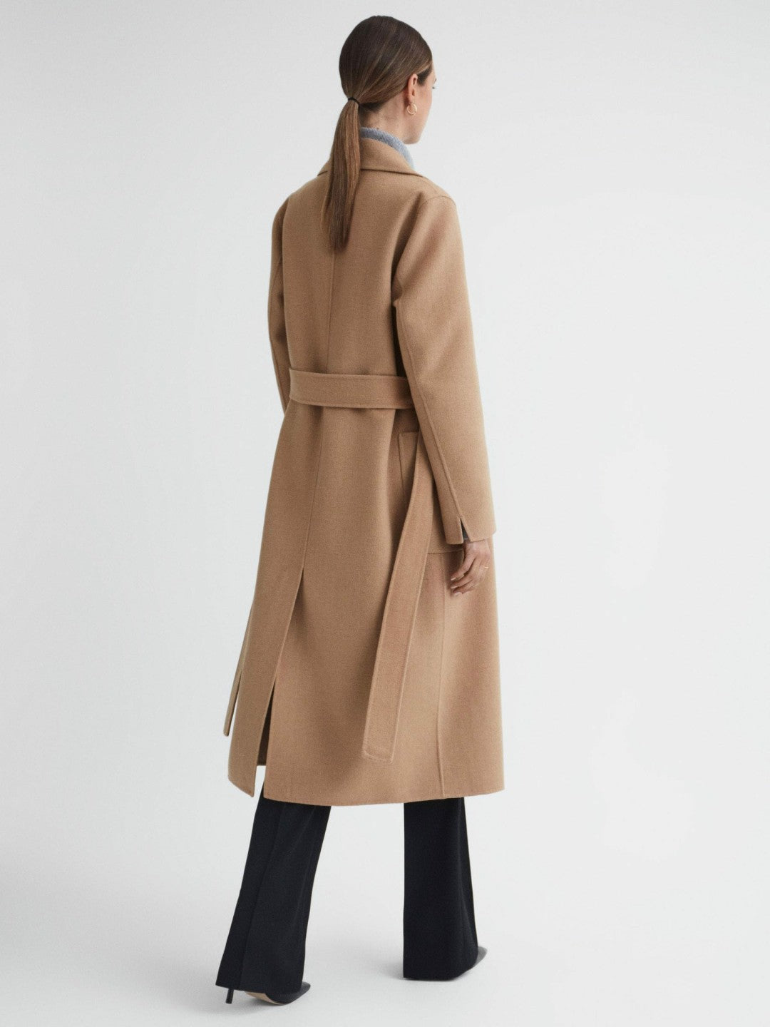 Women Long Wool Blend Blindseam Coat in Camel