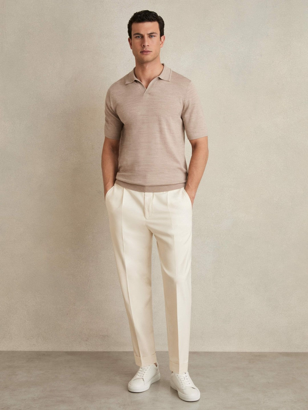 Men Relaxed-Fit Pleated Tapered Trousers in Ecru