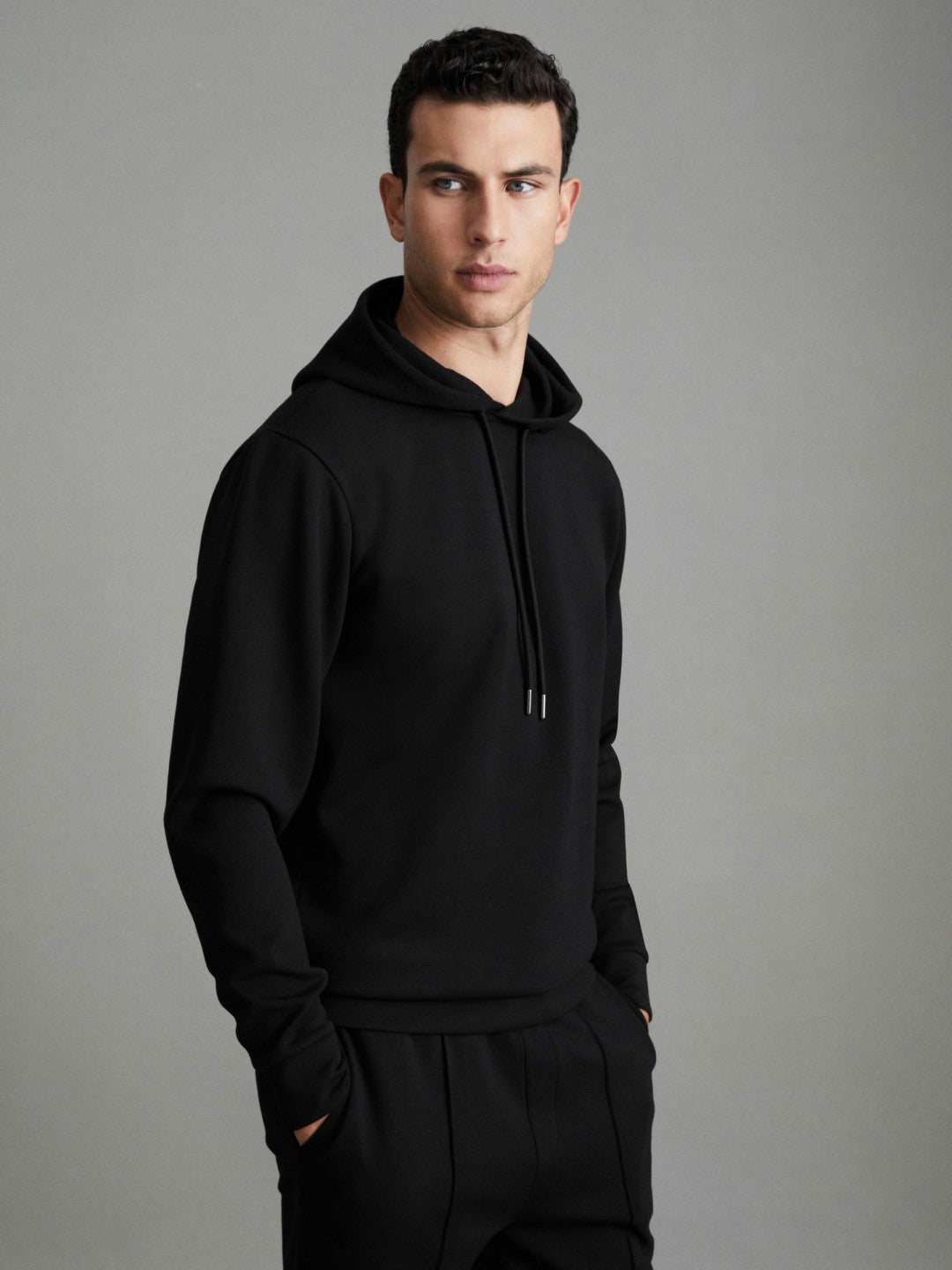 Men Interlock Jersey Drawstring Hoodie in Black