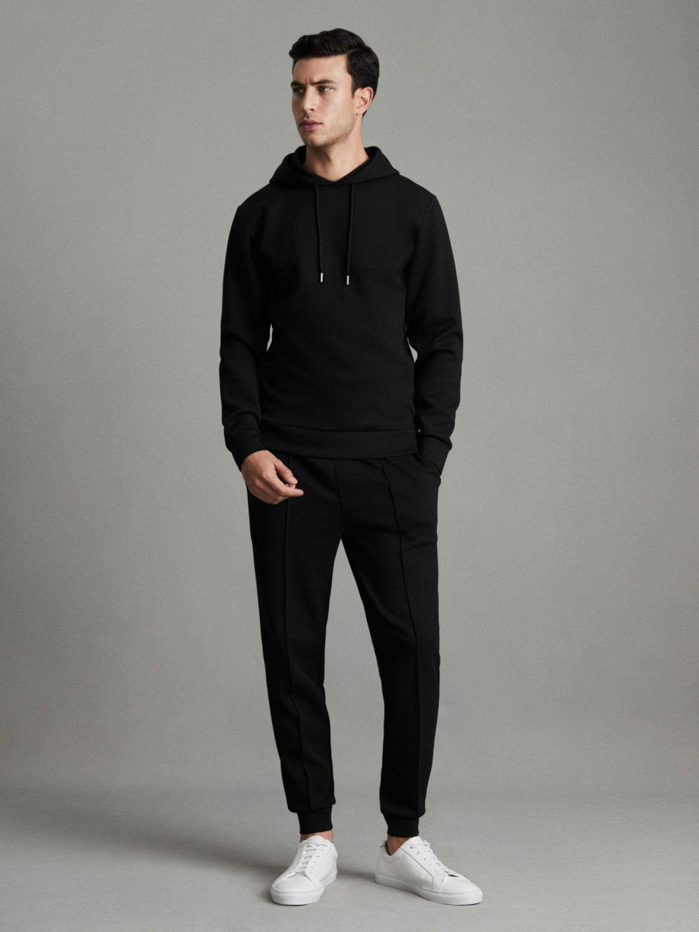 Men Interlock Jersey Drawstring Hoodie in Black