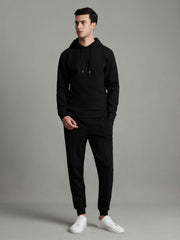 Men Interlock Jersey Drawstring Hoodie in Black
